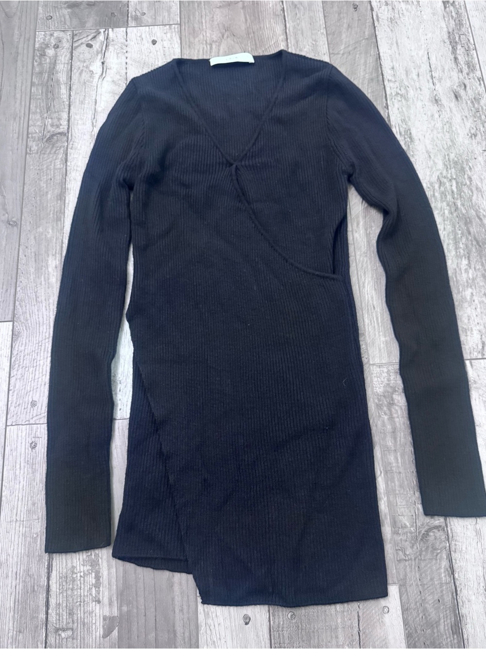 LVIR Black Wool Knit Ribbed Pullover Fitted Faux Wrap Sweater Small